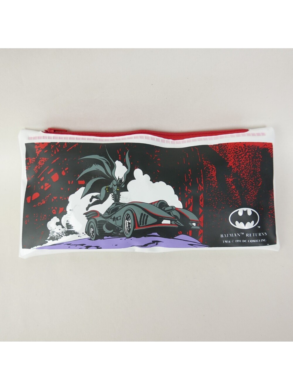 Vintage 1991 BATMAN RETURNS Vinyl Pencil Pouch Batmobile DC Comics School Case